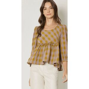 Entro Plaid Peplum Top 3/4 Sleeve in Mustard Womens Size Small